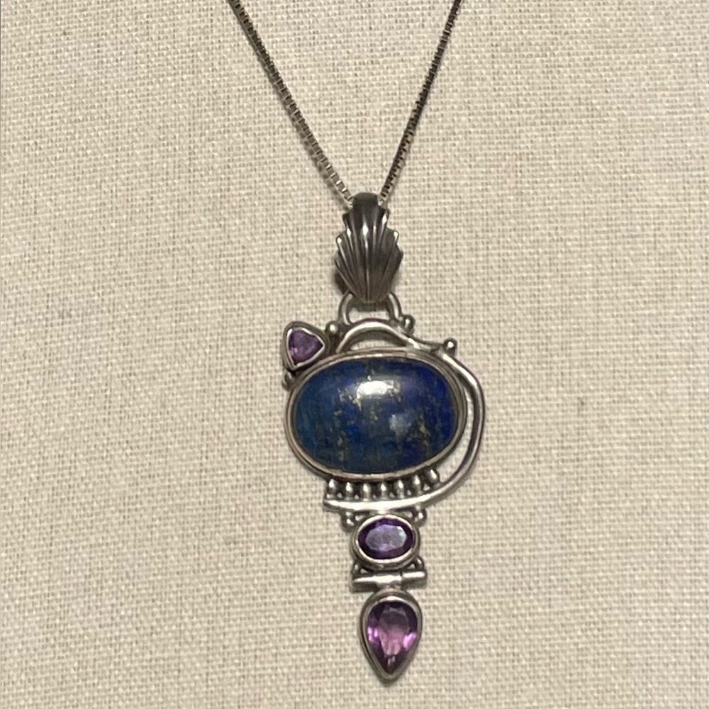 925 Signed Abstract Lapis Pendant Necklace with Amethyst Accents